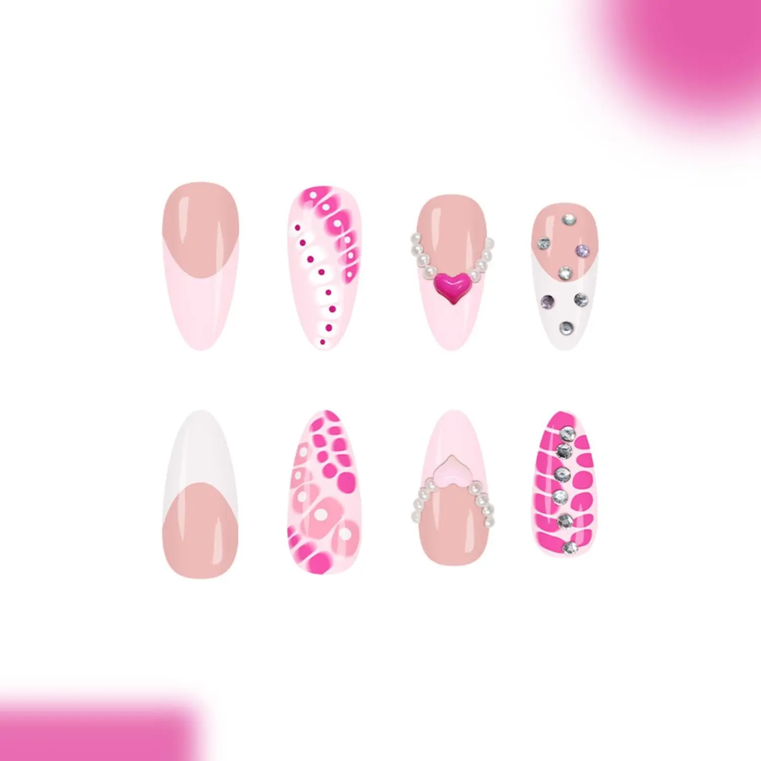 Long Almond Press-on Nails, Pink Multi Colored Artificial Nail Kit for Women with Tortoise Shell, Heart & Rhinestone Designs, Reusable Full Cover Tips, Multi Colored Nails
