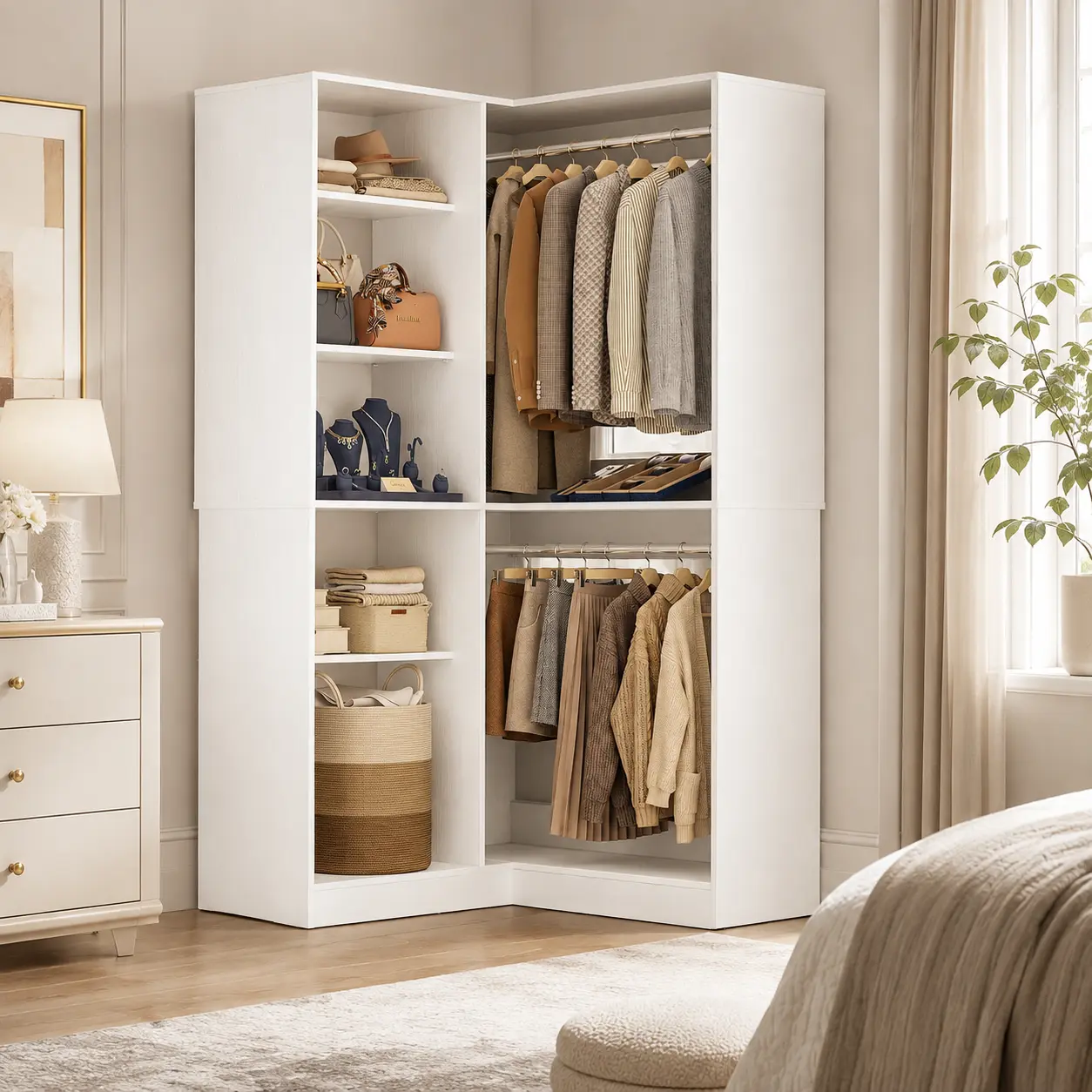 L Shaped Corner Closet Organizer System, Heavy Duty Freestanding Wardrobe with Adjustable Shelves & 2 Hanging Rods, Space Saving Storage Rack for Bedroom Laundry Room Pantry, Load 800+ LBS
