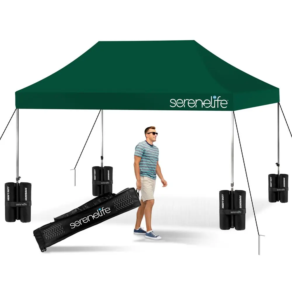 Heavy-Duty Pop Up Canopy Tent - (10x15 ft, Forest Green) | Waterproof 500D PU-Coated Polyester Shelter with UPF 50+ UV Protection & Steel Frame - Portable Outdoor Tent with Roller Carry Bag, Sand Bags, Stakes & Ropes, Sports, Wheels