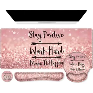 4in1 XXL Large Pink Desk Mat Mouse Pad Set, Ergonomic Desk Pad with Keyboard Wrist Rest, Mouse Wrist Rest & Coaster for Home Office Computer Table - Pink Stay Positive