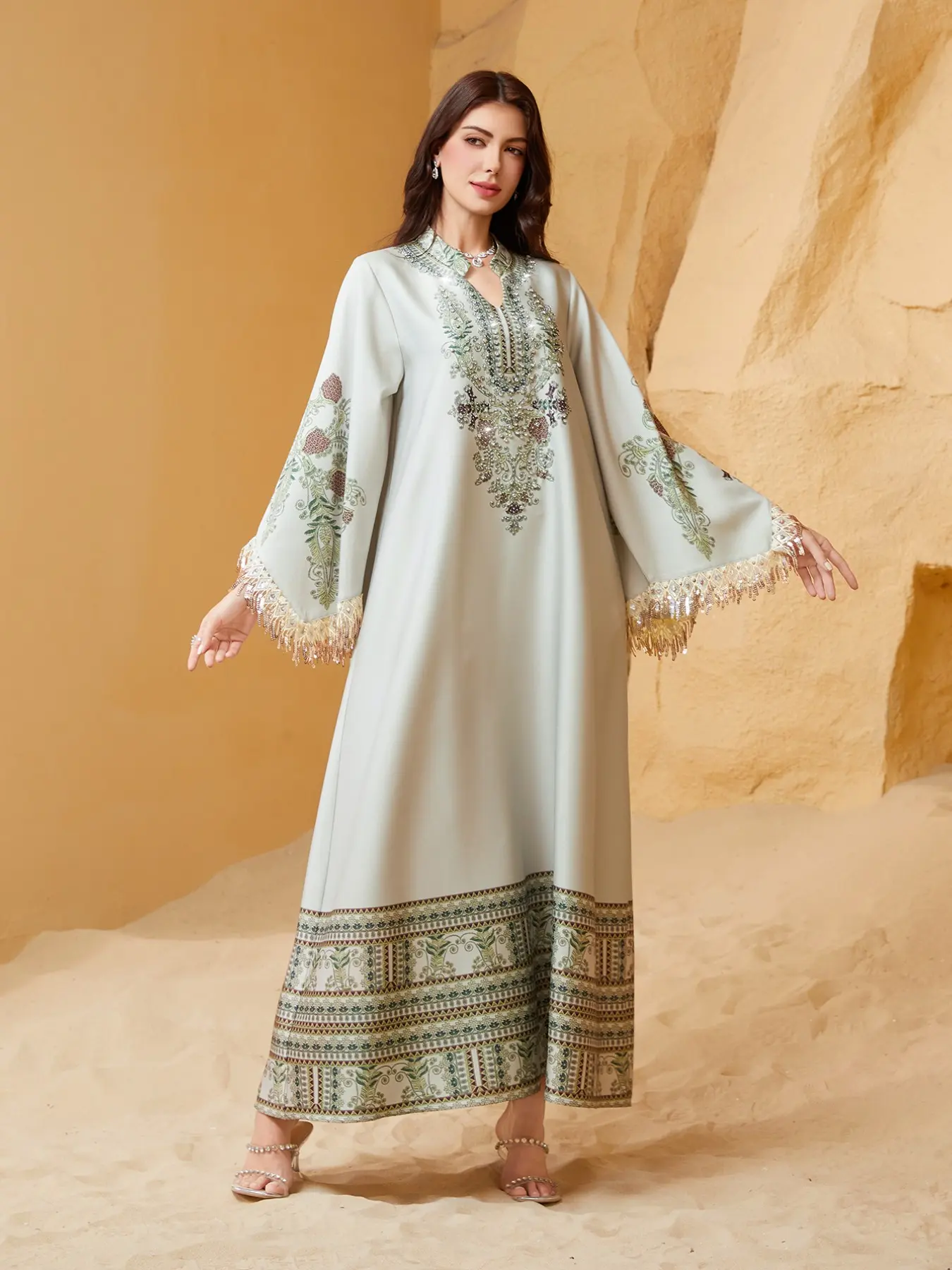 Middle Eastern Cross-Border Muslim Women's Long Robe, V-Neck Printed Fringe Detailing Traditional Abaya, Elegant Arabic Dress, Stylish Islamic Fashion, Modest Muslim Outfits, Modest Dresses, Muslim Clothing, Islamic Modesty Clothes