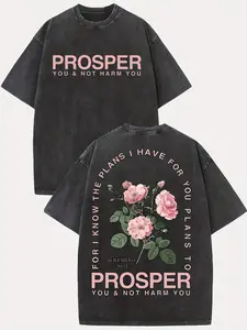 Men'S Vintage Christian Bible Verse T-Shirt - Jeremiah 29:11 "Prosper You & Not Harm You" Floral accent - Light Grey/Soft Pink Washed Tee - Drop Shoul