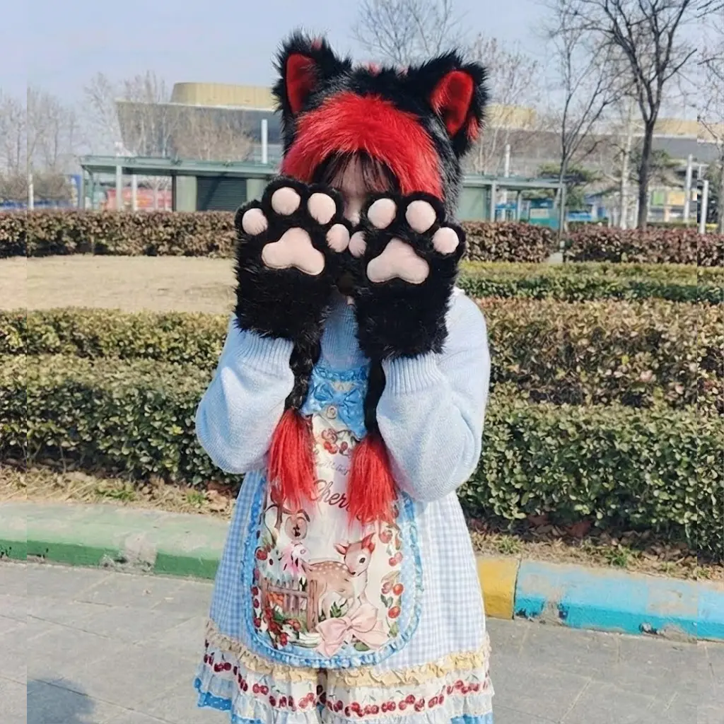 Hat + Gloves[Black and red]