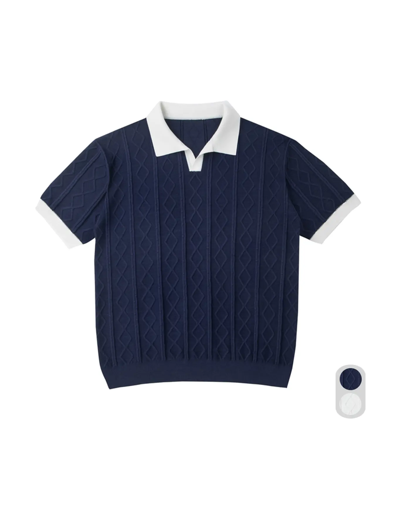 Men's Cable Knit Polo Shirt - Quiet Luxury Style, Contrast Collar, V-Notch, Ribbed Cuffs, Short Sleeve Casual Menswear Top with Plain Design, Shortsleeve, Tops, Minimalist Chic, Contrast Binding, All Seasons, Viscose Blend, Foldable