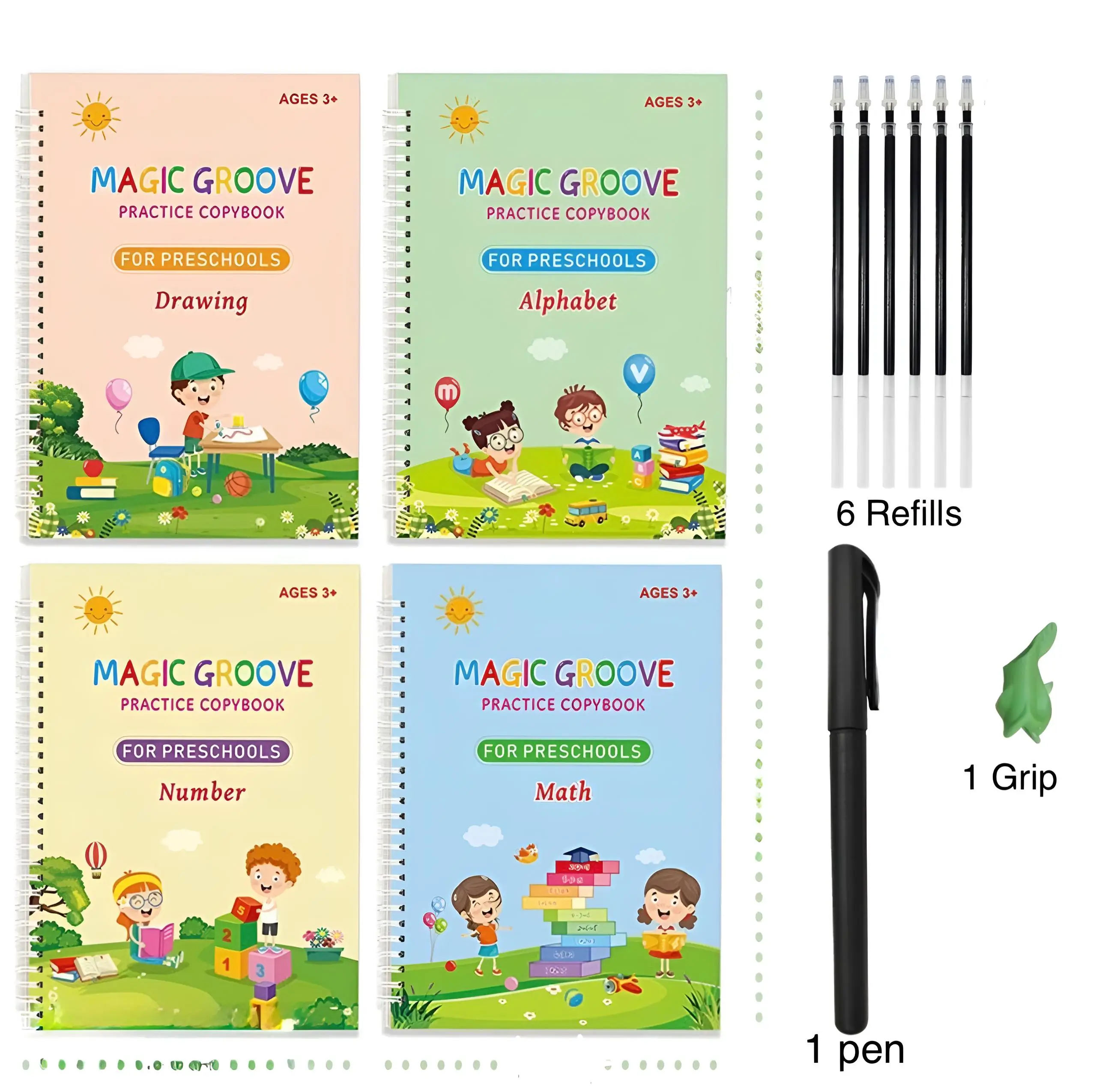 Grooved Handwriting Learning Tool Workbooks for Kids, 4 Pcs Reusable Magic Practice Copybooks with 1 Pen, 6 Refills & 1 Random Color Pen Grip, Journal
