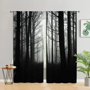 2Pcs Forest Silhouette Printed Curtains, Mystic Black Tree Pattern, Rod Pocket Design, Semi Sunshade Polyester Fabric, Modern Nature Theme for Living Room Bedroom Study Kitchen Window Decor, Anti Privacy, Easy Care