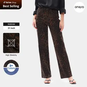 High-Mid Waisted Relaxed Straight High Stretchy Pants Leopard Print Design Comfortable Fabric Womeswear Bottoms Pants