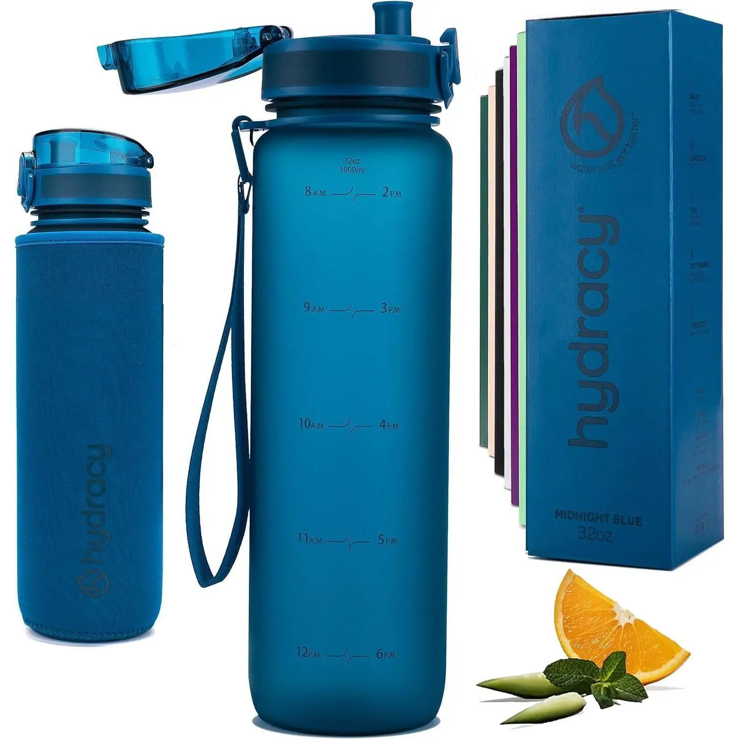 Hydracy Water Bottle with Time Marker -Large BPA Free Water Bottle & No Sweat Sleeve -Leak Proof Gym Bottle with Fruit Infuser Strainer & Times to Drink -Ideal for Fitness Sports & Outdoors
