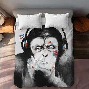 360 stand Queen Size Monkey with Headphones Duvet Cover Set - Orange, Contemporary Bedroom Bedding Set, Home Decor Textile Bedding Linen, Duvet Cover Sets