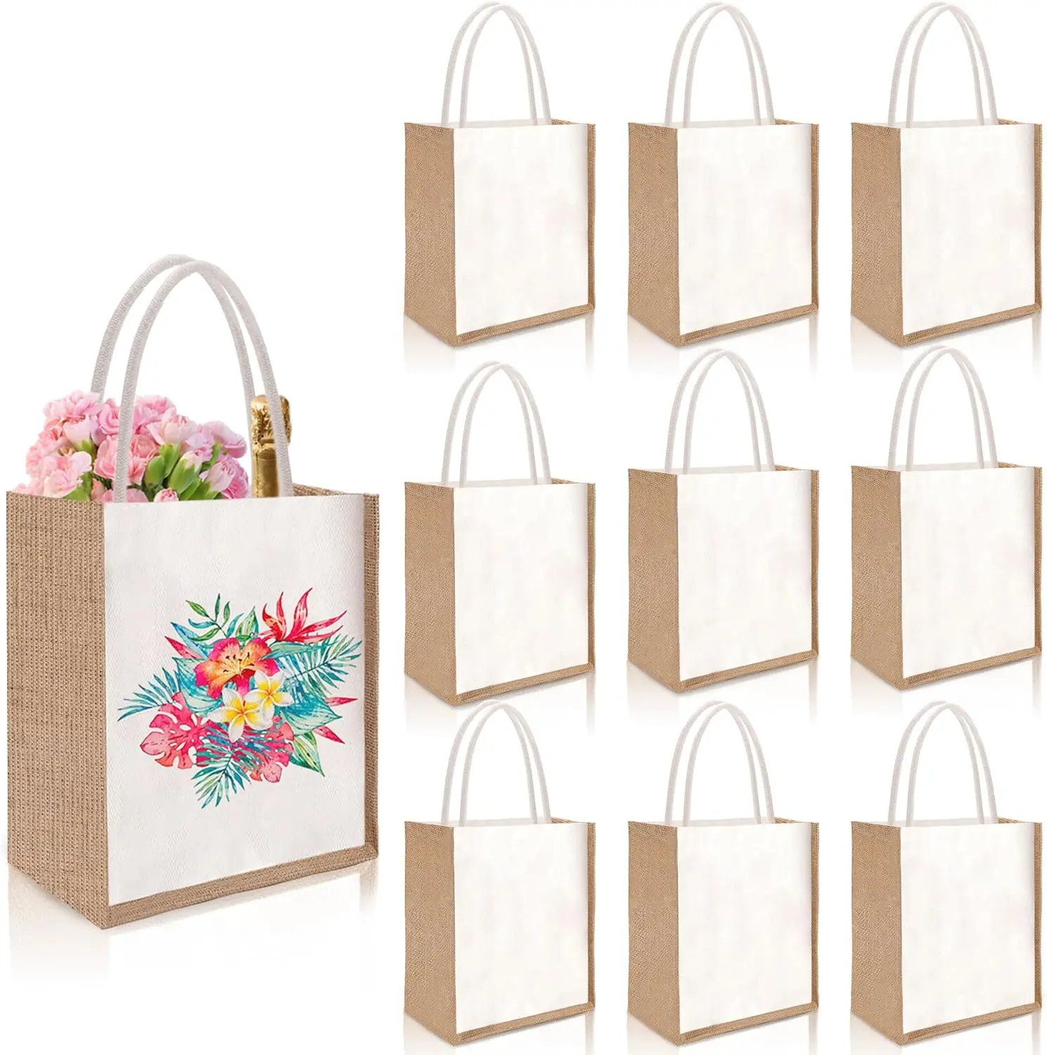 Joyclub 10 Pack Burlap Tote Bags Bulk Sublimation Blanks Reusable Canvas Tote Bags with Handles for Beach Wedding Party Travel Shopping Bridesmaid Gifts DIY for Graduation Gifts, Beach Day Bags & Summer Craft Projects, summerwins Mid Year Sale