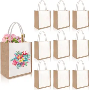 Joyclub 10 Pack Burlap Tote Bags Bulk Sublimation Blanks Reusable Canvas Grocery Jute Tote Bags with Handles for Beach Wedding Party Travel Shopping Bridesmaid Gifts DIY