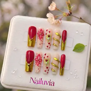 Nailuvia｜10PCS 100% Handmade Press-On Nails｜D185 1.3Inch｜Reusable Colorful Art Acrylic Stylish｜Valentine Red Gold