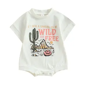 Infant Baby Girl Romper Western Style Letter Cactus Cowgirl Hat Print Short Sleeve Crew Neck Jumpsuits Bodysuit Summer Western Baby Girl Clothes