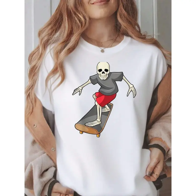 Women'S & Women'S Skeleton Skateboard Graphic T-Shirt- Funny Skateboarding Skeleton Print Streetwear Tee With Round Neck, Short Sleeve Casual Skate Style For Men & Women (S-XXXL, Black) - All-Season Comfort Fit Skate Apparel