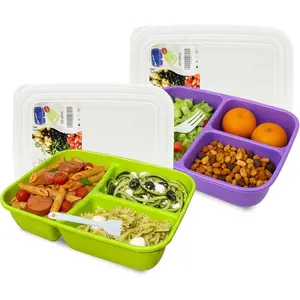 2-Pack Reable Bento Box Lunch Containers- 3 Compartment Divided Lunch Organizer, Meal Prep Lunch Box with Lids, Microwave Safe & Sectioned Food Containers(48oz Green & Purple)