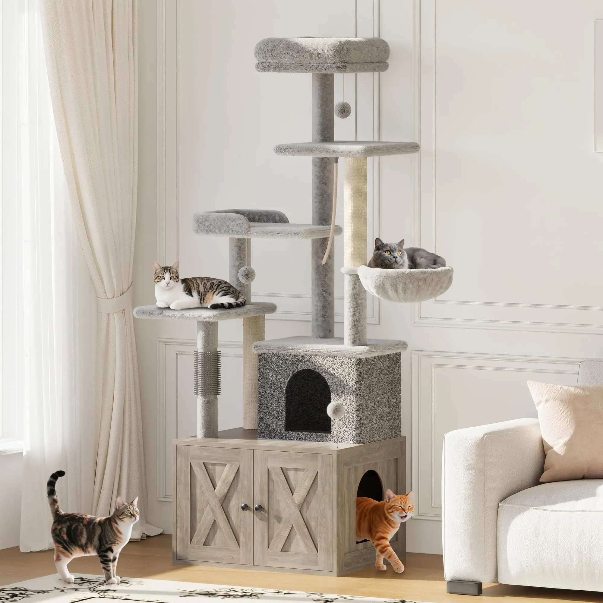 GARVEE 2-in-1 Cat Litter Box Enclosure with Cat Tree, Modern Hidden Washroom Furniture, Wood Cat Condo with Scratching Post & Hammock, Indoor Pet Furniture with Multiple Platforms - Grey