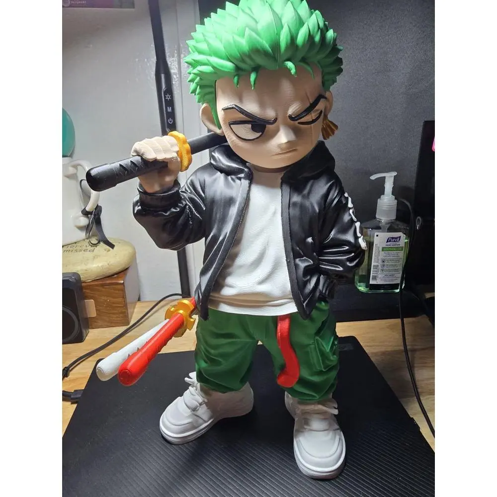 3D Printed One Piece Character Roronoa Zoro Collectible Figure with Green Hair and Black Jacket