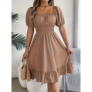 Elegant Square-Necked Dress with a Cinched Waist And Ruffled Hem for Spring And Summer. summer outfits