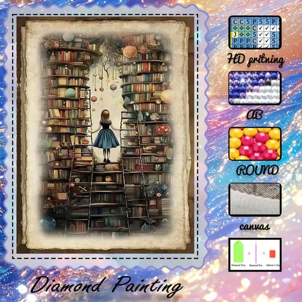 DIY 5D Flocking Diamond Painting Kit, AB Drill, Fairy Dust Drill, Crystal Drill, Bookshelf, Girl, Planet, Galaxy Diamond Embroidery, Special Craft Art Kit, Wall Decor, Gift for Family, Loved Ones, Friends
