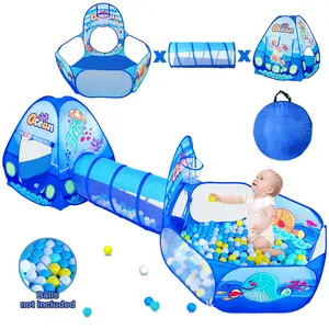 Sumbababy 3PC Kids Outdoor Play Tent with Tunnel, Ball Pit, Basketball Hoop Pop Up Playhouse Toys Indoor Gifts Fun Playground Set