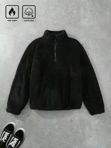 Men's Solid Half Zip Up Funnel Neck Fuzzy Sweatshirt Fitted, Regular Fit Casual Long Sleeve  Pullover for Fall & Winter, Men's Clothes for Daily Wear