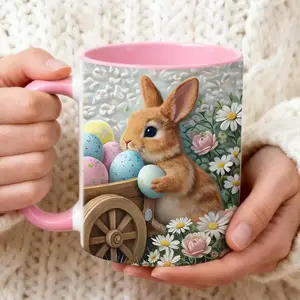 Easter Bunny Mug, Spring Rabbit Coffee Cup, Floral Bunny with Pink Egg Mug, Easter Gift for Kids, Cottagecore Spring Decor
