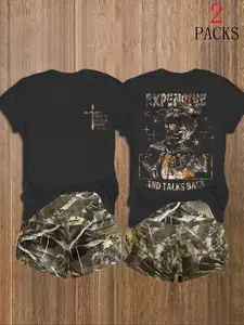 Y2K Cyberpunk 2 Piece Set, Rainbow Skull Girl Print T-Shirt and Leopard Print Shorts, Casual Streetwear for Spring & Fall, Retro Trendy Style for Everyday Wear