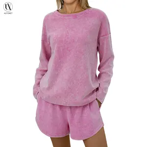 AUTOMET Vintage Waffle 2 PIECE SET WOMEN Lounge Long Sleeve Tops Fitted with Crew Neck & Relaxed Sweatshorts Fallreshness
