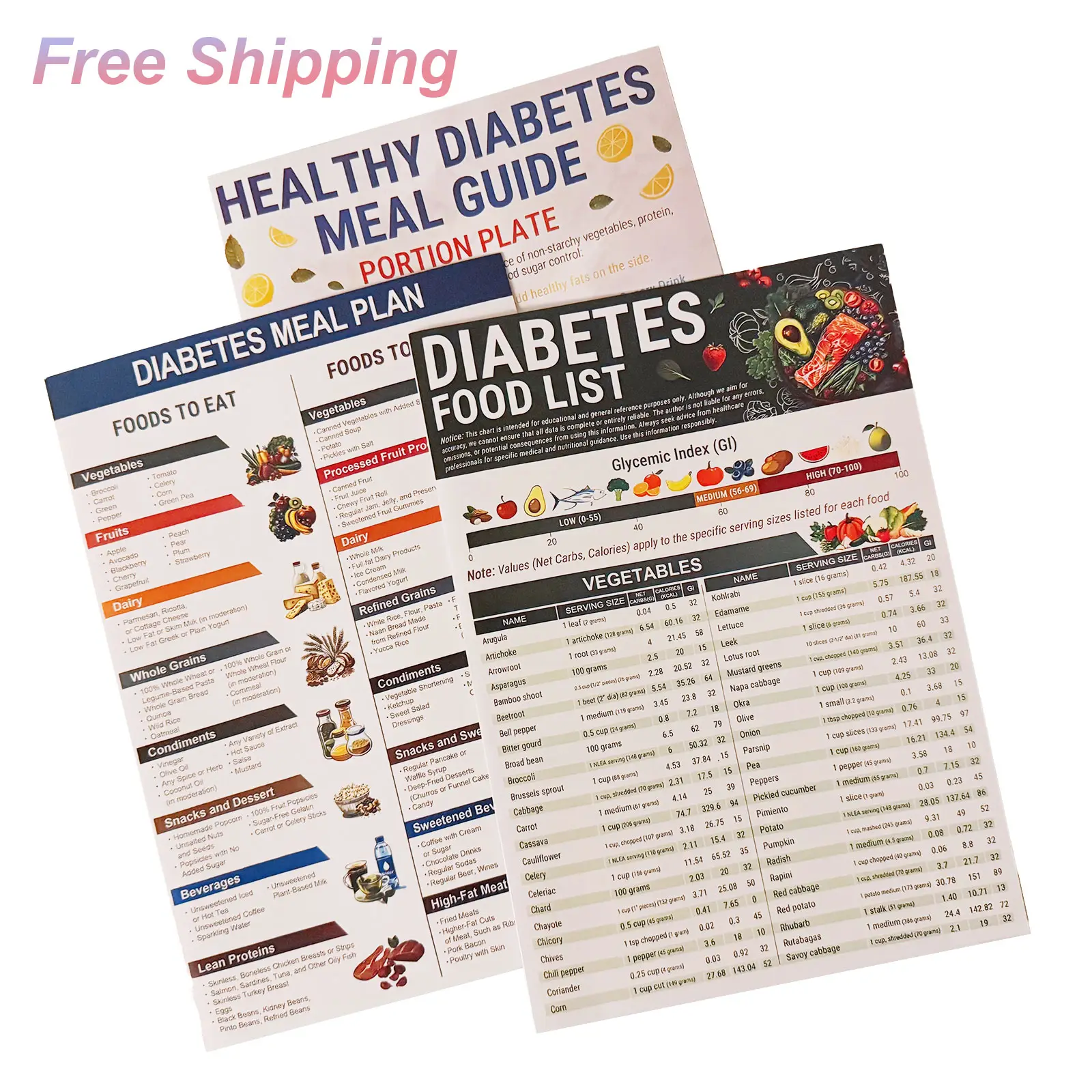 3 Count Diabetes Food List & Meal Planner - Low GI Foods, Calories, Glycemic Index, and Vitamin Chart