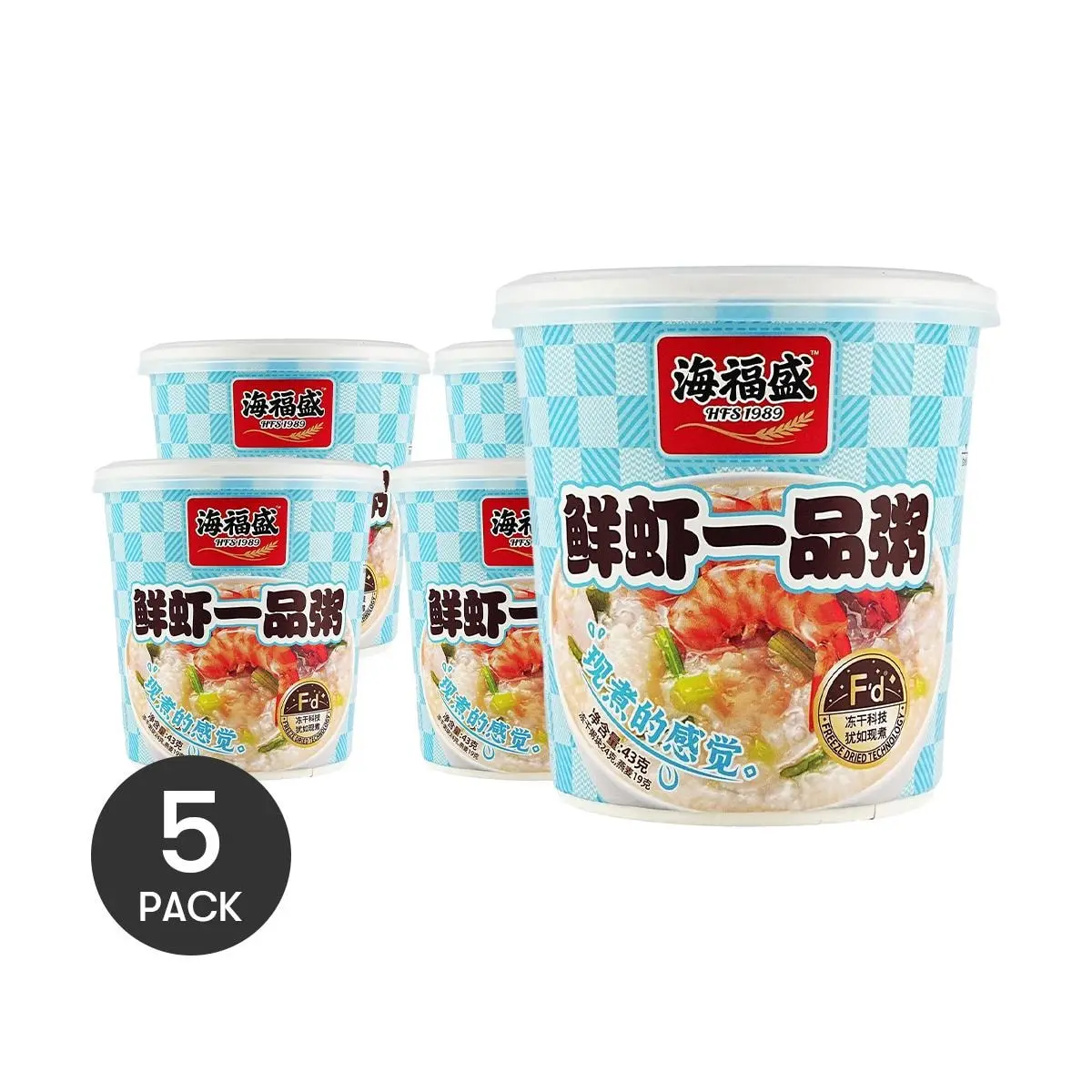 HAIFUSHENG Premium Shrimp Congee - 5 Pack Instant Rice Porridge, Quick & Nutritious Breakfast Meal (43g x 5)