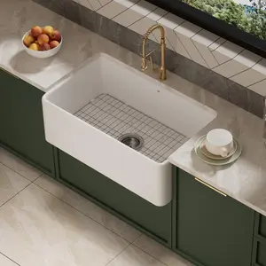 Los Flexi 30”x18”x10” White Fireclay Farmhouse Sink with Deep Design, Reversible Apron Front Single Bowl Porcelain Farm Sink, Modern Home, Fluted Front, and Bottom Grid, Sink Strainer