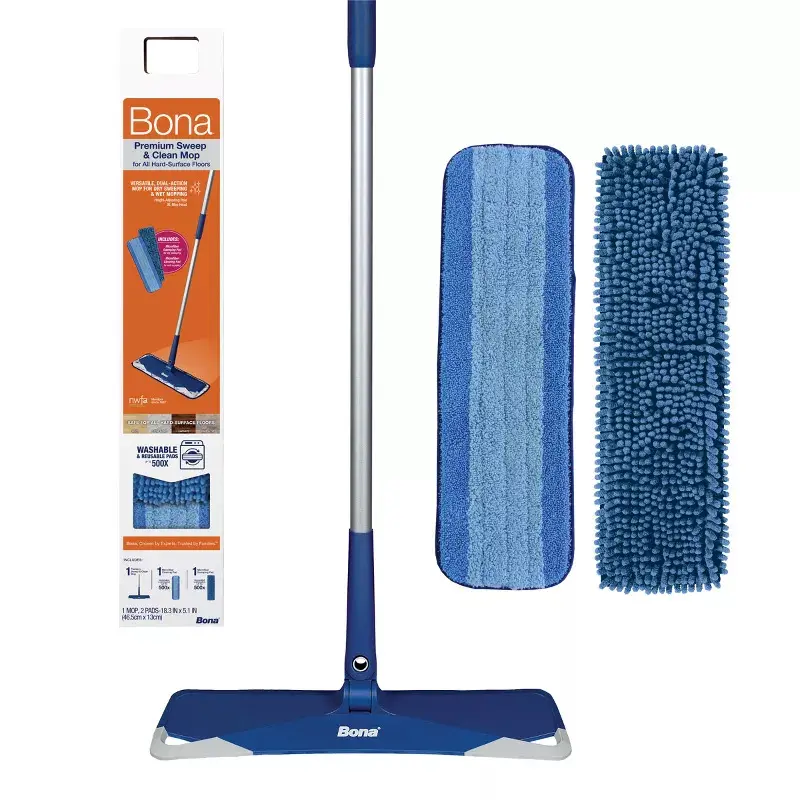 Bona Floor Mop Starter Kit - 2-in-1 Wet + Dry Floor Sweeping + Mopping: Metal Handle, Microfiber Pads, Grip Handle