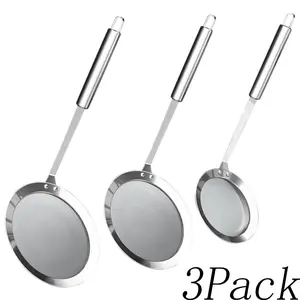3 Pack Stainless Steel Fine Mesh Fat Skimmer Spoon | Long Handle Kitchen Strainer | Professional Tool for Skimming Grease Gravy Foam Hot Pot Cooking Frying