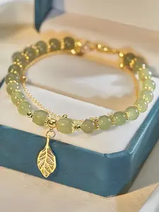 Chinese Style Green Jade Bracelet For Women Exquisite Gold Color Leaves Wrist Strap Bangle Double Chain Bracelet Girls Gifts High Quality Bracelet