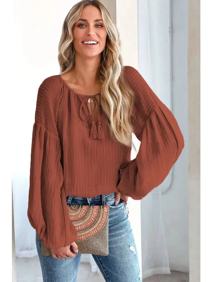 Brown Lantern Sleeve Stripe Tassel Drawstring Blouse