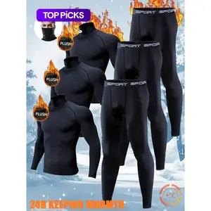 Men’s 6-Piece Warm Tech Fleece Base Layer Set, high-neck tight-fitting long-sleeve top and pants, fleece-lined sports underwear for winter training, skiing, and running