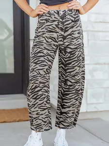 Women's Gray Zebra Stripe Printed Wide Leg Jeans, All Seasons Mid-Rise with Button-Zip Closure, Soft Durable Fabric, Functional Pockets for Laid-Back Vibe