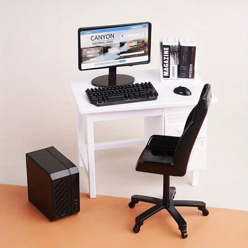 1:12 Scale 9pcs Realistic Miniatures Office Desk and Chair Set - Cute Collectibles, Dollhouse Pretend Play Props, Mini Computer Desk Accessories, House Decoration, Home Supplies Figurine