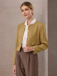 INSPIRE CHIC Women's Tweed Short Jacket Collarless Button Down Long Sleeve Work Office Cropped Blazer