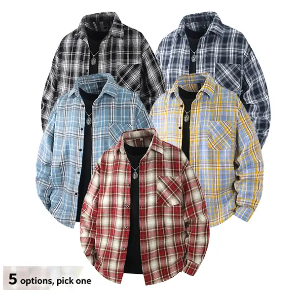 Men's Chic Elegant Collared Checked Long Sleeve Flannel Shirt - Button-Up, Loose-Fitting Relaxed Casual Oxford Top, Soft Breathable Fabric