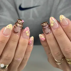A6 Cute Monkey Press On Nails with Pink Flowers – Kawaii 3D Animal Nail Art, Handmade Glossy Nude Pink Nails, Sweet Cartoon Design, Gift for Her
