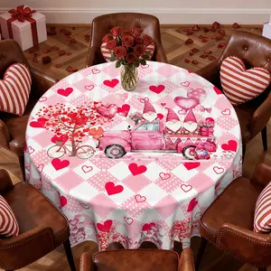 1pc Valentine'S Day Tablecloth | Pink Truck, Love Tree, Gnomes Pattern Design, Buffalo Plaid Red Heart, Polyester Round Table Cloth, Rustic Valentines Decorations for Party Home Kitchen Dining