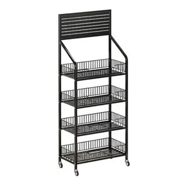 4 Tier Retail Merchandise Display Rack with Side Hooks And Guardrails, Rolling Snack Candy Storage Shelf with Lockable Silent Wheels, Freestanding Organizer Cart for Convenience Store, Supermarket, Home Kitchen Commercial Use