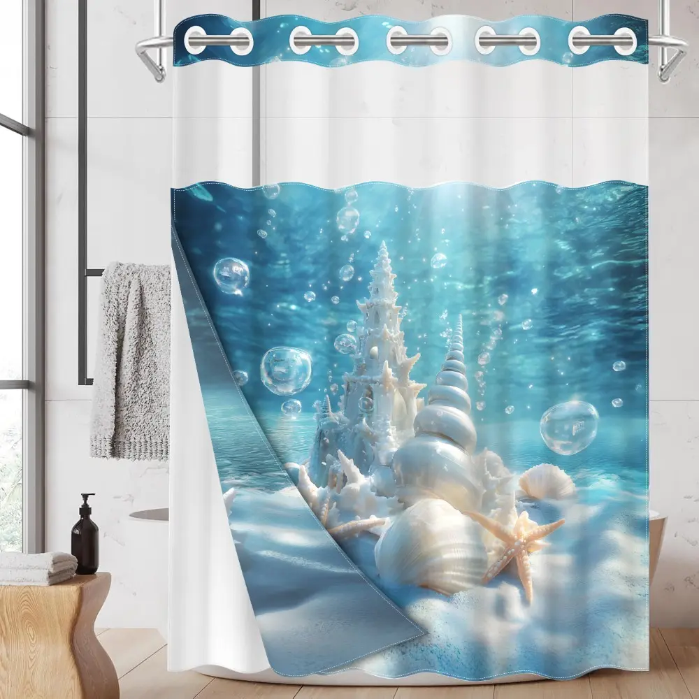 1PC/4PCS 2D Flat Printing Blue and White Underwater Castle Patterned Decorative shower curtain, home bathroom decor, Bathroom Decoration Accessories, Bathroom Accessory, shower curtain set with 12 hooks, non-slip bathroom rug, U-shaped toilet seat cover