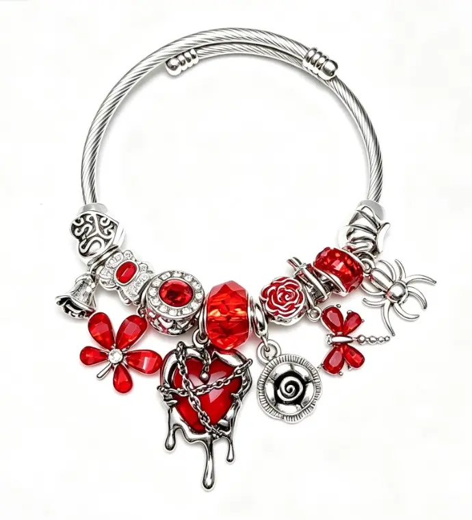 Gothic Red Heart Drip Charm Bangle Open Adjustable Silver Wire Bracelet Spider Rose Red Crystal Beads Stackable Jewelry Gift For Women