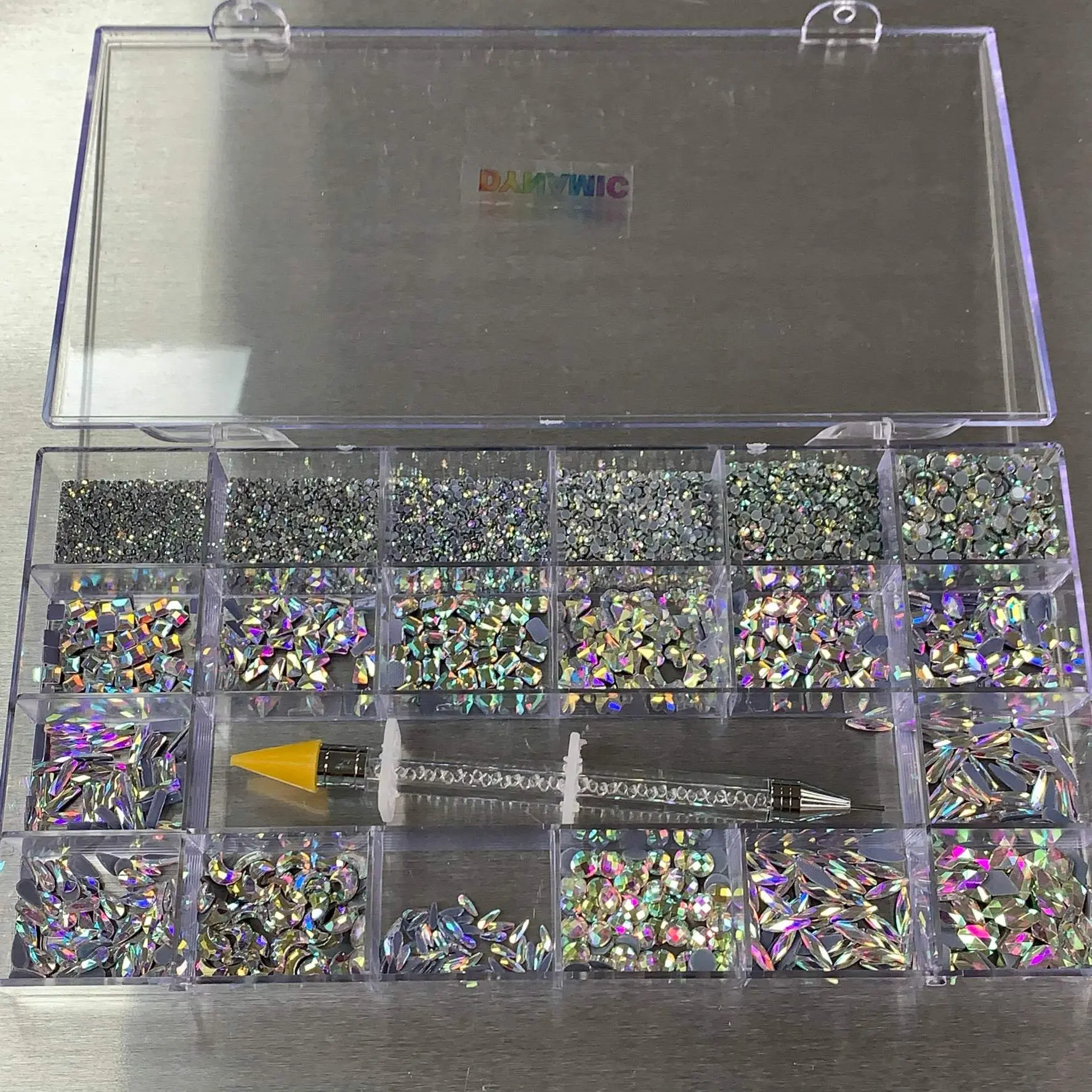 [AB Iridescent silver-back] Rhinestones set - 20 cells box - 14 big shapes and 6 round shapes