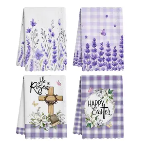 4pcs Daily Towels, Lavender Bike Pattern, Kitchen Scrub Mat, Kitchen and Dining Room Towels, Soft Absorbent Dishcloth, Suitable for Cleaning and Drying, Can Be Used for Home Decoration