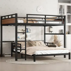 Queen over Queen Metal Bunk Bed/Metal Loft Bed,Separable Bunk Beds,with raised security fence,Walnut Color