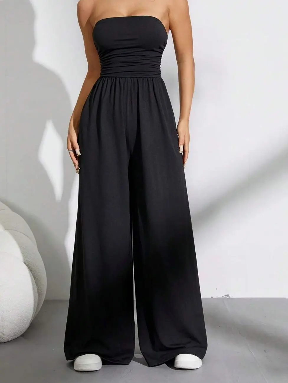 Women's Black Wide Leg Jumpsuit, Casual Loose Pleated Romper, Comfortable Tall Fit Spring Summer Daily Outfit