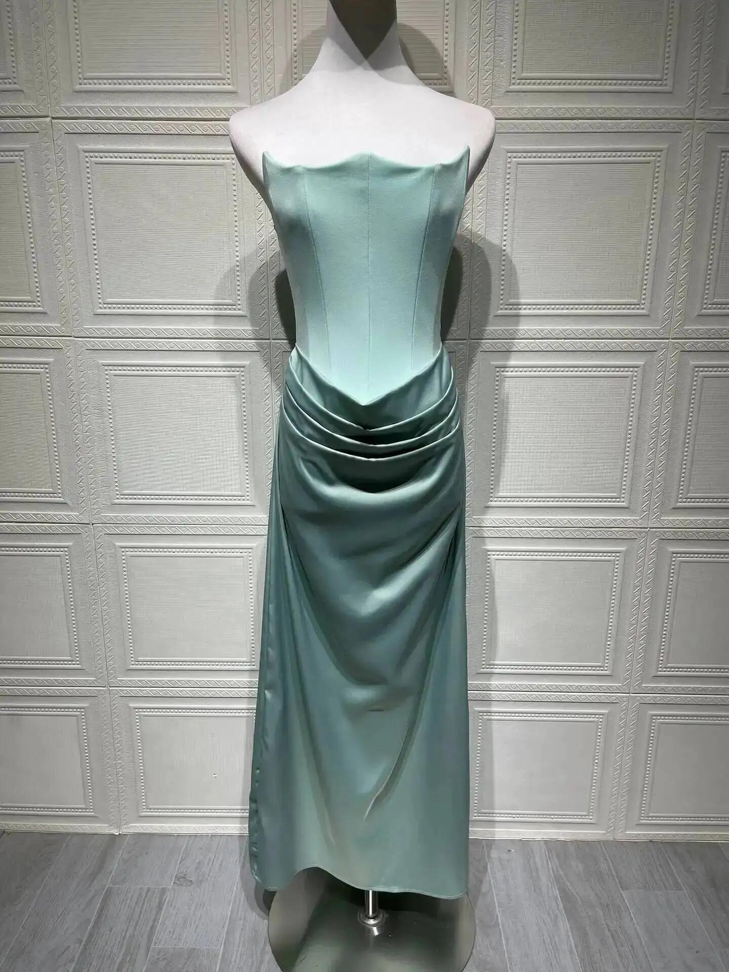 2026 New Red Strapless Corset Sexy Slim Mermaid Tail Long Solid Color Dress Women Elegant Evening